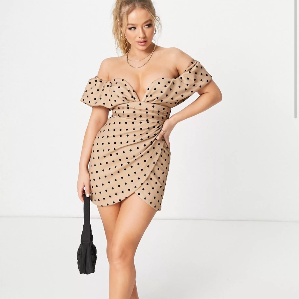 ASOS DESIGN spot mesh bardot plunge mini dress in beige